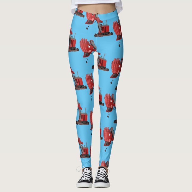 Cute red steam shovel digger cartoon illustration leggings (Front)