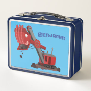 Cute red steam shovel digger cartoon illustration metal lunch box