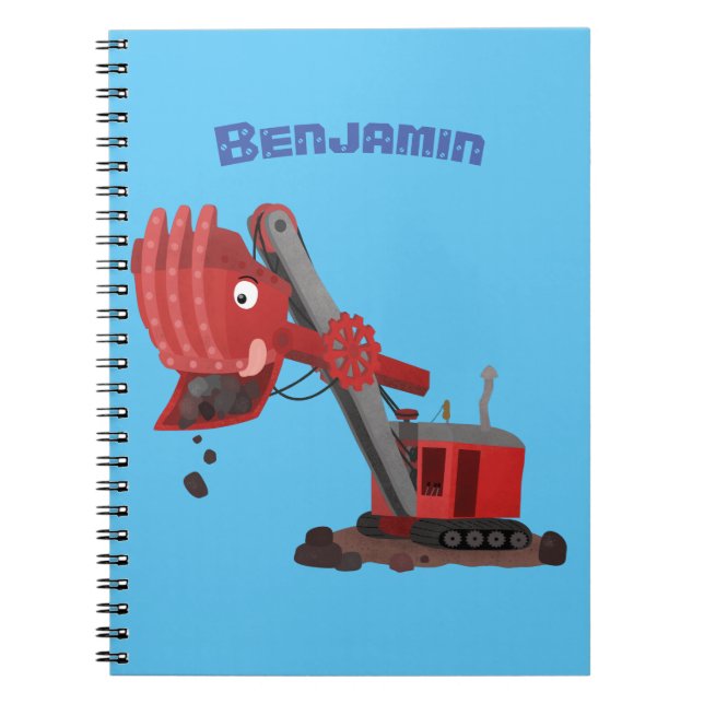 Cute red steam shovel digger cartoon illustration notebook (Front)