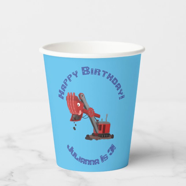 Cute red steam shovel digger cartoon illustration paper cups (Front)