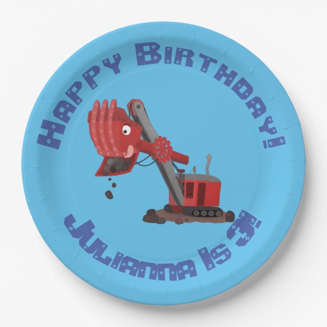 Cute red steam shovel digger cartoon illustration  paper plate (Front)