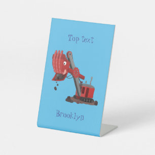 Cute red steam shovel digger cartoon illustration pedestal sign