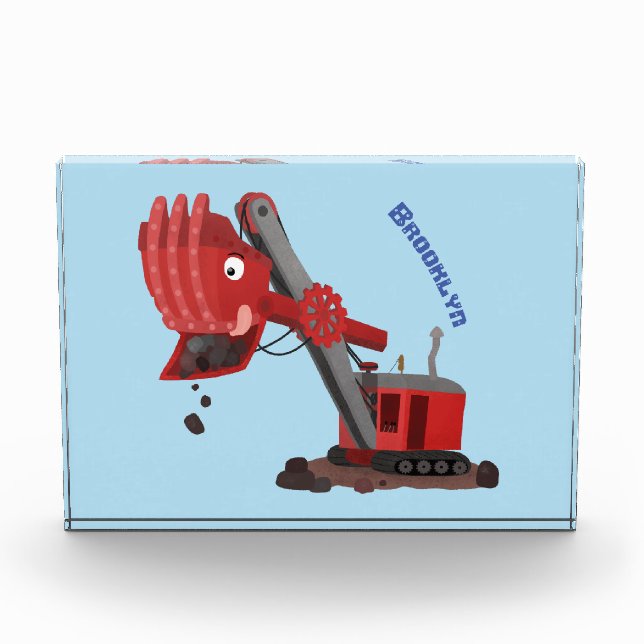 Cute red steam shovel digger cartoon illustration photo block (Front)