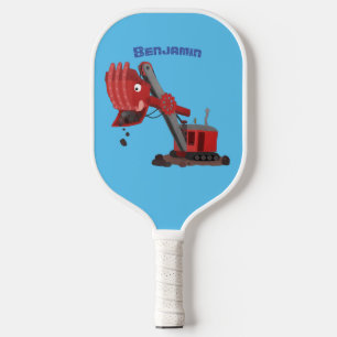 Cute red steam shovel digger cartoon illustration pickleball paddle