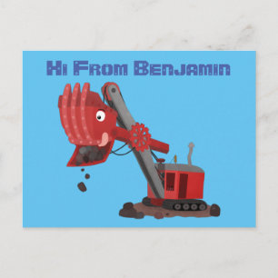 Cute red steam shovel digger cartoon illustration postcard