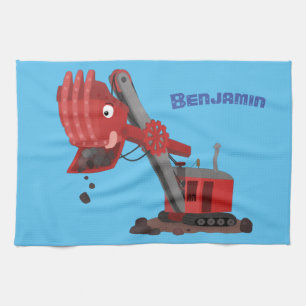 Cute red steam shovel digger cartoon illustration tea towel