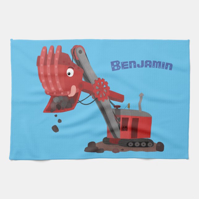 Cute red steam shovel digger cartoon illustration tea towel (Horizontal)