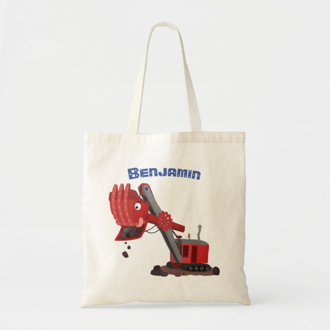 Cute red steam shovel digger cartoon illustration tote bag (Front)