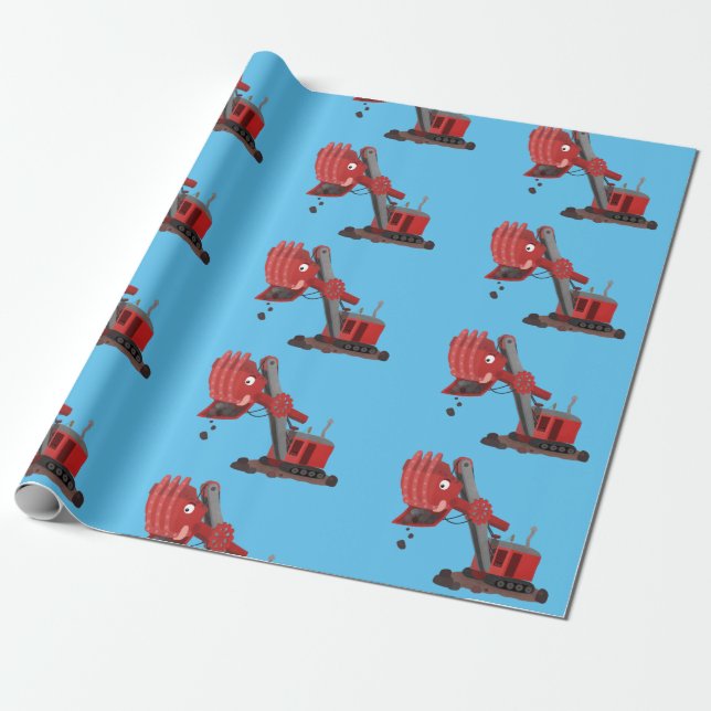 Cute red steam shovel digger cartoon illustration wrapping paper (Unrolled)