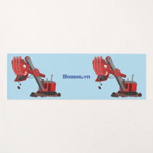 Cute red steam shovel digger cartoon illustration yoga mat