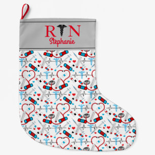 Cute Red Stethoscope Nurse   Doctor EKG Pattern   Large Christmas Stocking