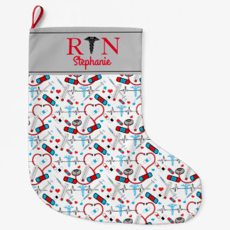Cute Red Stethoscope Nurse | Doctor EKG Pattern   Large Christmas Stocking