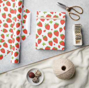 Cute Red Strawberries and Hearts Pattern Wrapping Paper