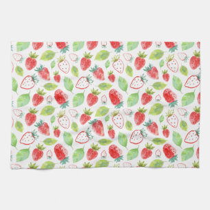 Cute Red Strawberries Green Leaves Outlines Tea Towel