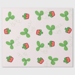 Cute Red Strawberry and Green Clover Leaves Patter Wrapping Paper