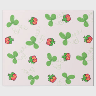 Cute Red Strawberry and Green Clover Leaves Patter Wrapping Paper