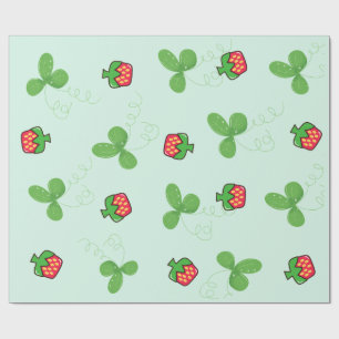 Cute Red Strawberry and Green Clover Leaves  Wrapping Paper