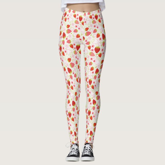 Cute Red Strawberry Fruit Pattern Leggings (Front)