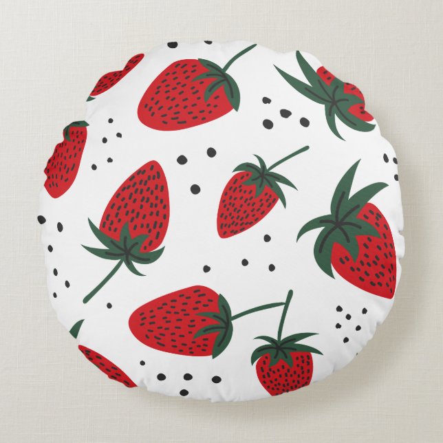 Cute Red Strawberry Fruit Pattern Round Cushion (Front)