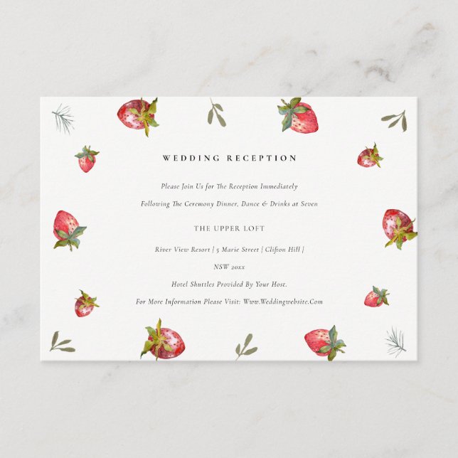 Cute Red Strawberry Leaf Foliage Wedding Reception Enclosure Card (Front)