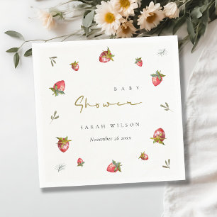 Cute Red Strawberry Leafy Botanical Baby Shower Napkin