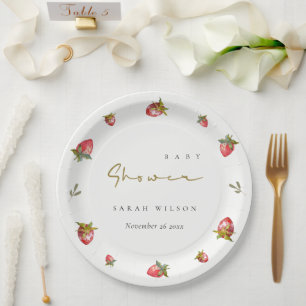 Cute Red Strawberry Leafy Botanical Baby Shower Paper Plate
