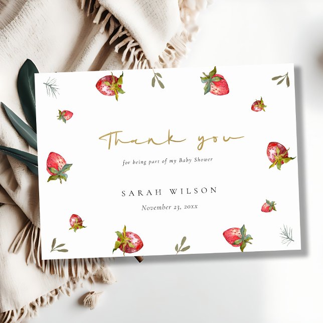Cute Red Strawberry Leafy Botanical Baby Shower Thank You Card (Creator Uploaded)