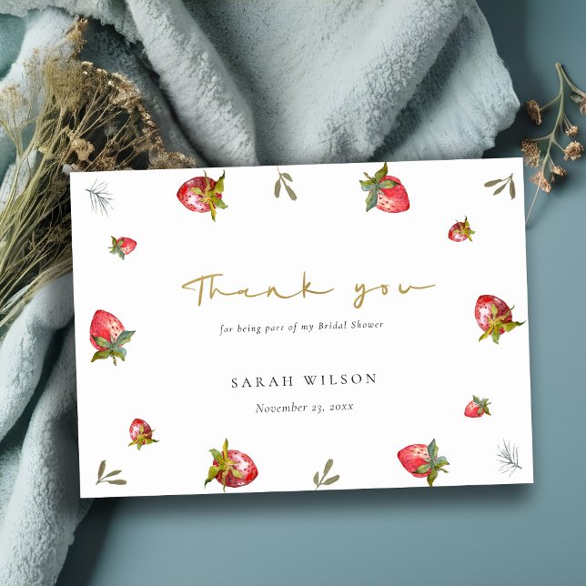 Cute Red Strawberry Leafy Botanical Bridal Shower Thank You Card (Creator Uploaded)