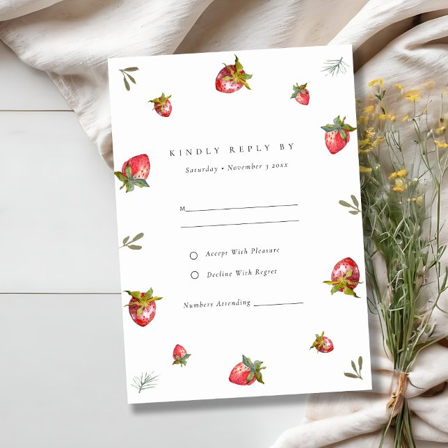 Cute Red Strawberry Leafy Botanical Wedding RSVP Enclosure Card (Creator Uploaded)
