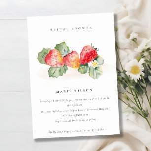 Cute Red Strawberry Leafy Foliage Bridal Shower Invitation