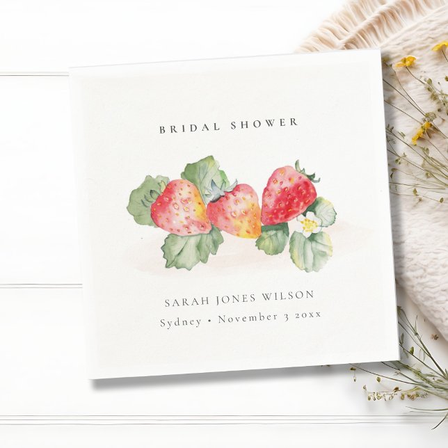 Cute Red Strawberry Leafy Foliage Bridal Shower Napkin (Creator Uploaded)