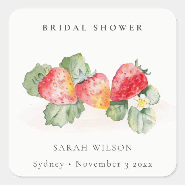 Cute Red Strawberry Leafy Foliage Bridal Shower Square Sticker (Front)