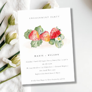 Cute Red Strawberry Leafy Foliage Engagement Invitation
