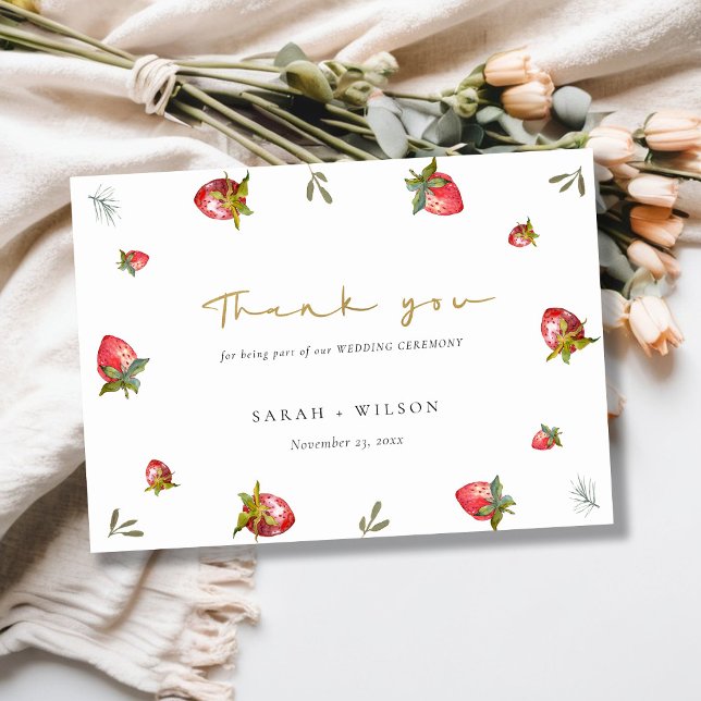 Cute Red Strawberry Leafy Green Botanical Wedding Thank You Card (Creator Uploaded)