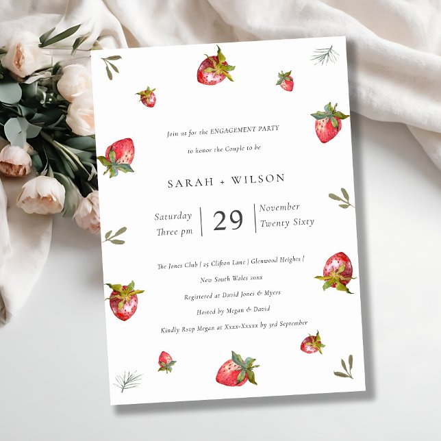 Cute Red Strawberry Leafy Green Engagement Invite (Creator Uploaded)