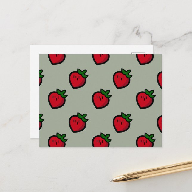 Cute Red Strawberry Pattern for Vegans Postcard (Front/Back In Situ)