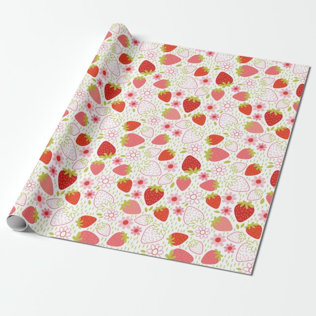 Cute Red Strawberry Wrapping Paper (Unrolled)