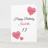 Cute Red Striped Watercolor Hearts 13th Birthday