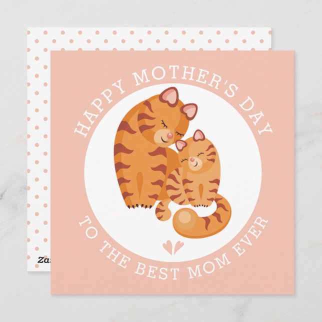 Cute red tiger cat and kitty pink Mothers Day Holiday Card (Front/Back)