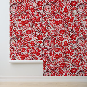 Cute red tiled twirl floral pattern wallpaper