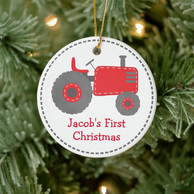 Cute Red Tractor Baby's First Christmas Ceramic Ornament (Tree)
