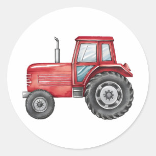 Cute Red Tractor Farm Watercolor Kids  Classic Round Sticker