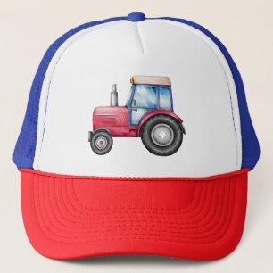 Cute Red Tractor Farm Watercolor Kids  Trucker Hat