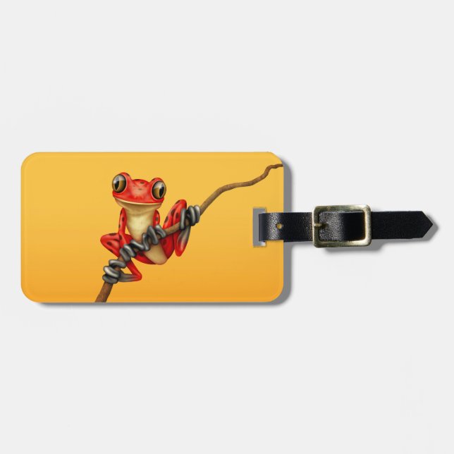 Cute Red Tree Frog on a Branch on Yellow Luggage Tag (Front Horizontal)