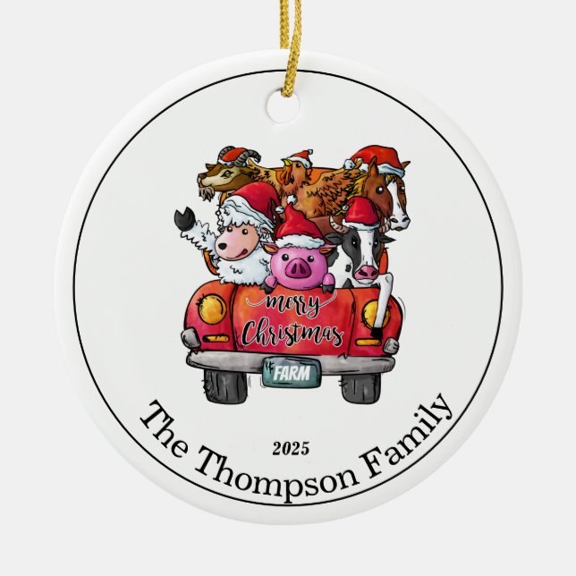 Cute Red Truck Christmas Name  Farm Animals Ceramic Ornament (Front)