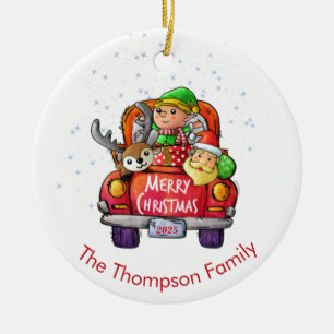 Cute Red Truck Christmas Name  Santa Elf Reindeer Ceramic Ornament