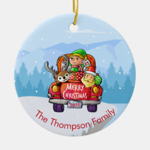 Cute Red Truck Christmas Snow  Santa Elf Reindeer Ceramic Ornament