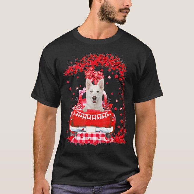 Cute Red Truck White German Shepherd Valentines Da T-Shirt (Front)