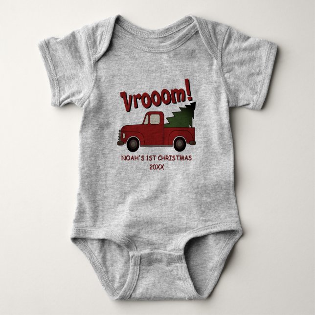 Cute red truck with a Christmas tree custom Baby Bodysuit (Front)