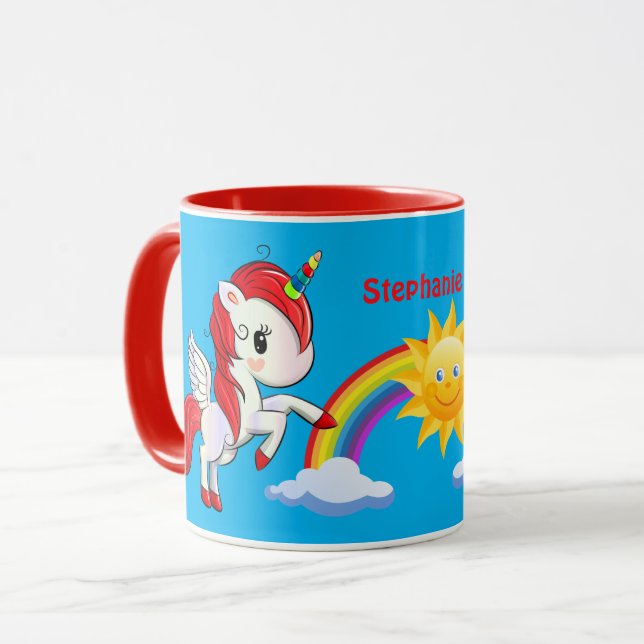 Cute Red Unicorn Rainbow & Sun Personalised Mug (Front Left)